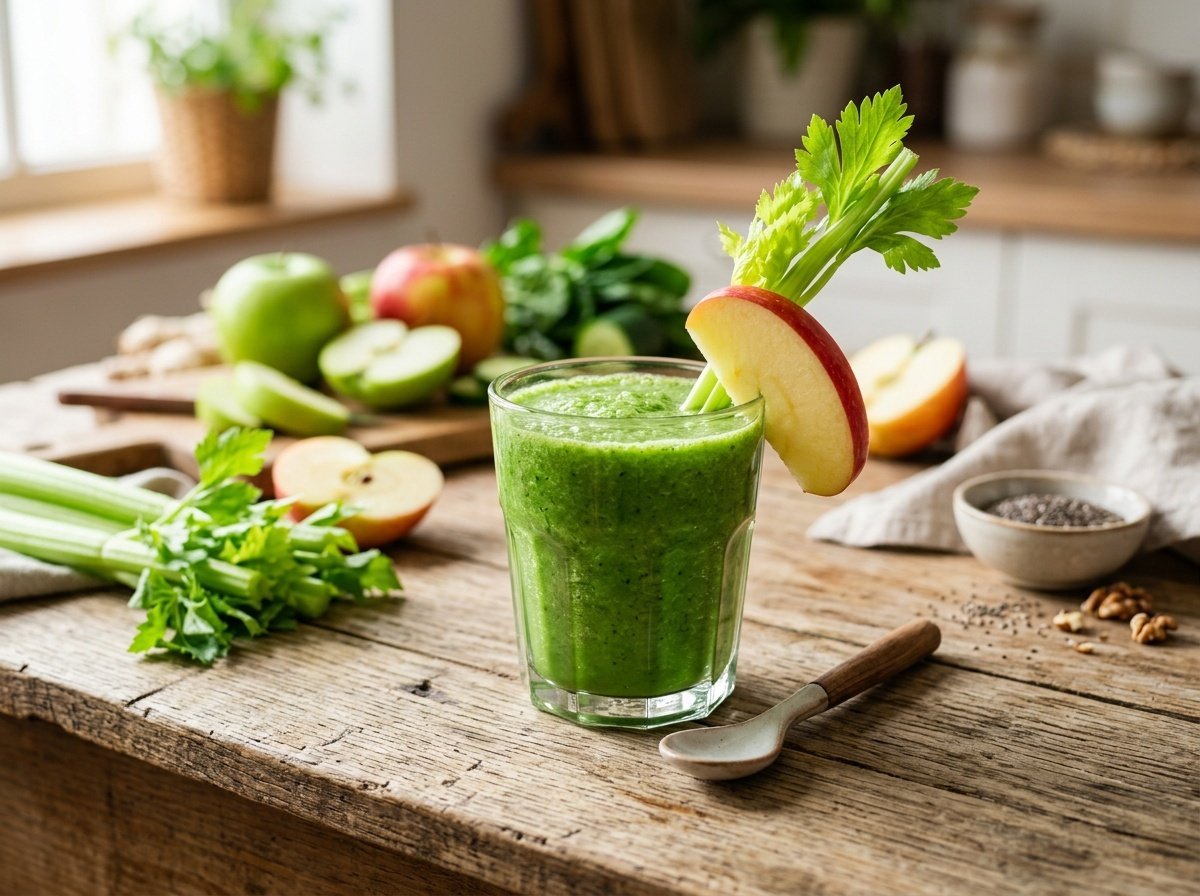 A glass of crisp apple celery detox smoothie with an apple slice and celery stalk on top.