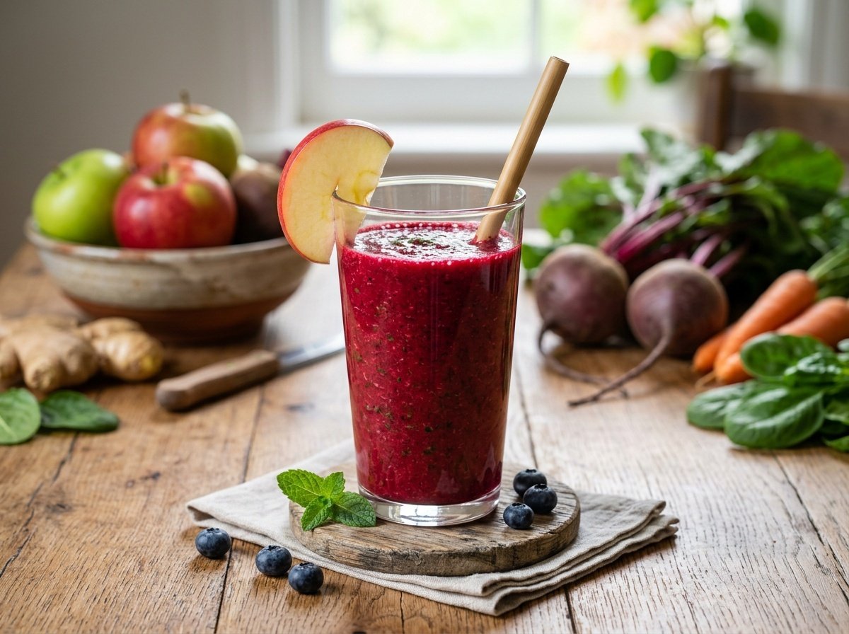 A colorful beet and apple detox smoothie in a glass, garnished with an apple slice, surrounded by fresh fruits and vegetables.