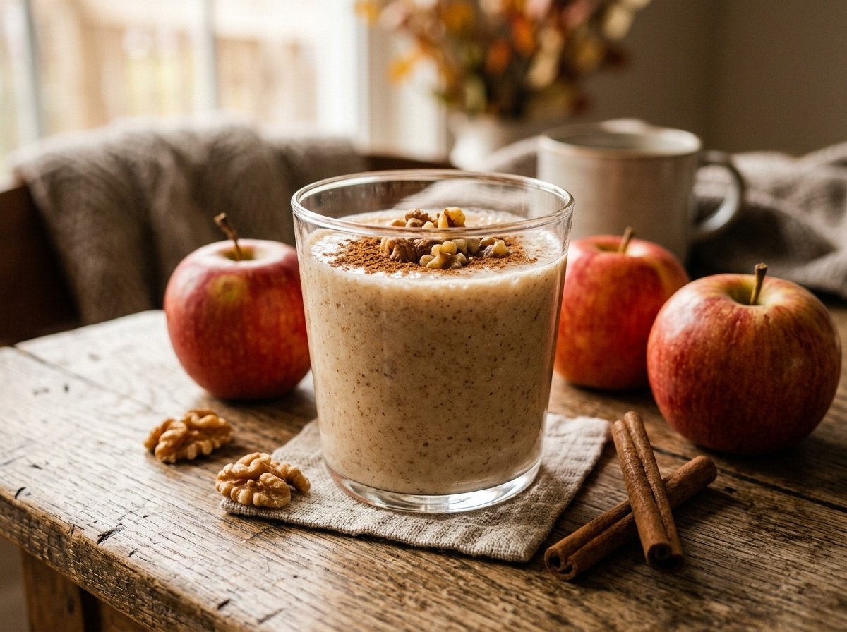 A cozy apple cinnamon detox smoothie in a glass topped with cinnamon and walnuts, surrounded by fresh apples and a cinnamon stick.