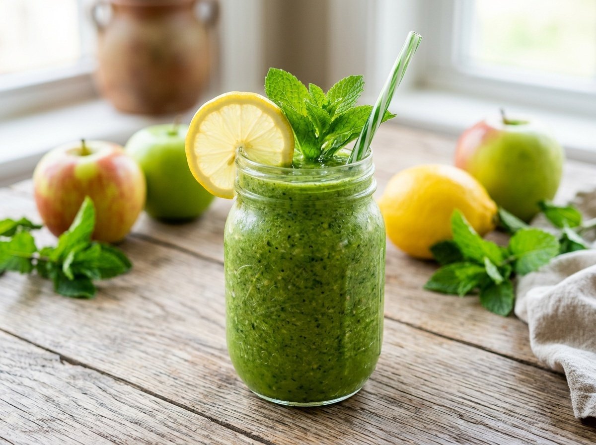 A glass of bright apple lemon detox smoothie garnished with lemon slice and mint, among fresh apples and lemon on a wooden table.
