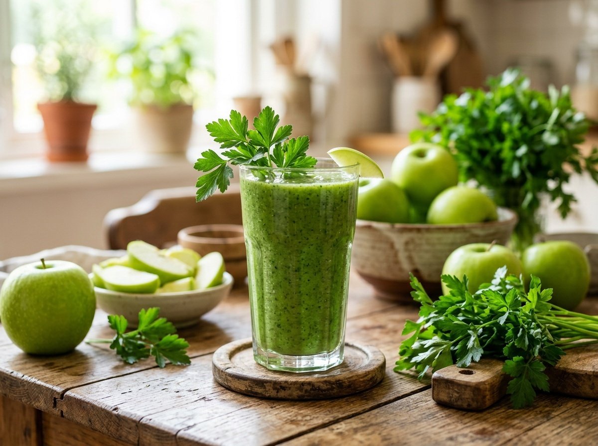 Fresh Apple Parsley Detox Smoothie Recipe A refreshing green apple parsley smoothie in a glass with parsley garnish and fresh apples on a wooden table.