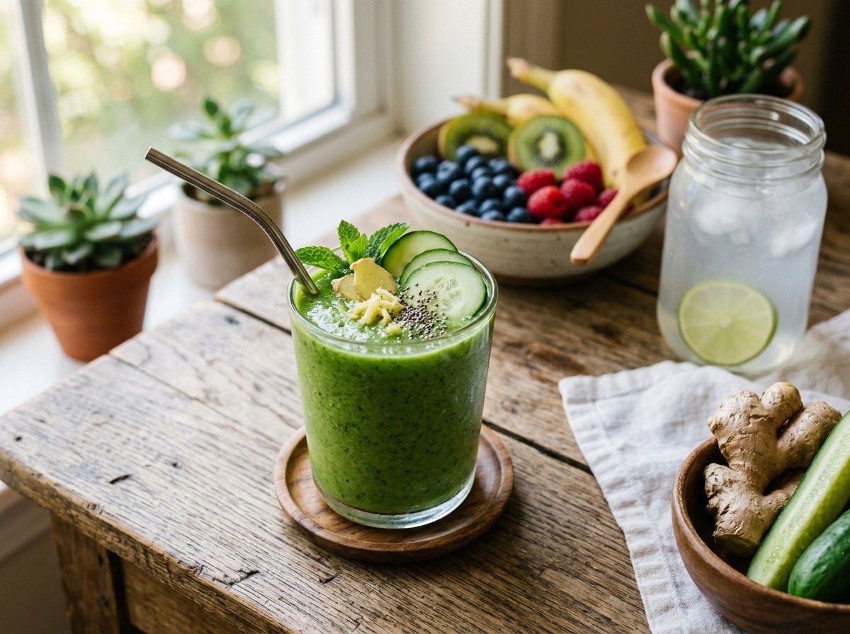 Crisp Cucumber Ginger Detox Smoothie with a Zesty Kick A refreshing cucumber ginger detox smoothie in a glass with cucumber slices and ginger garnish on a wooden table.