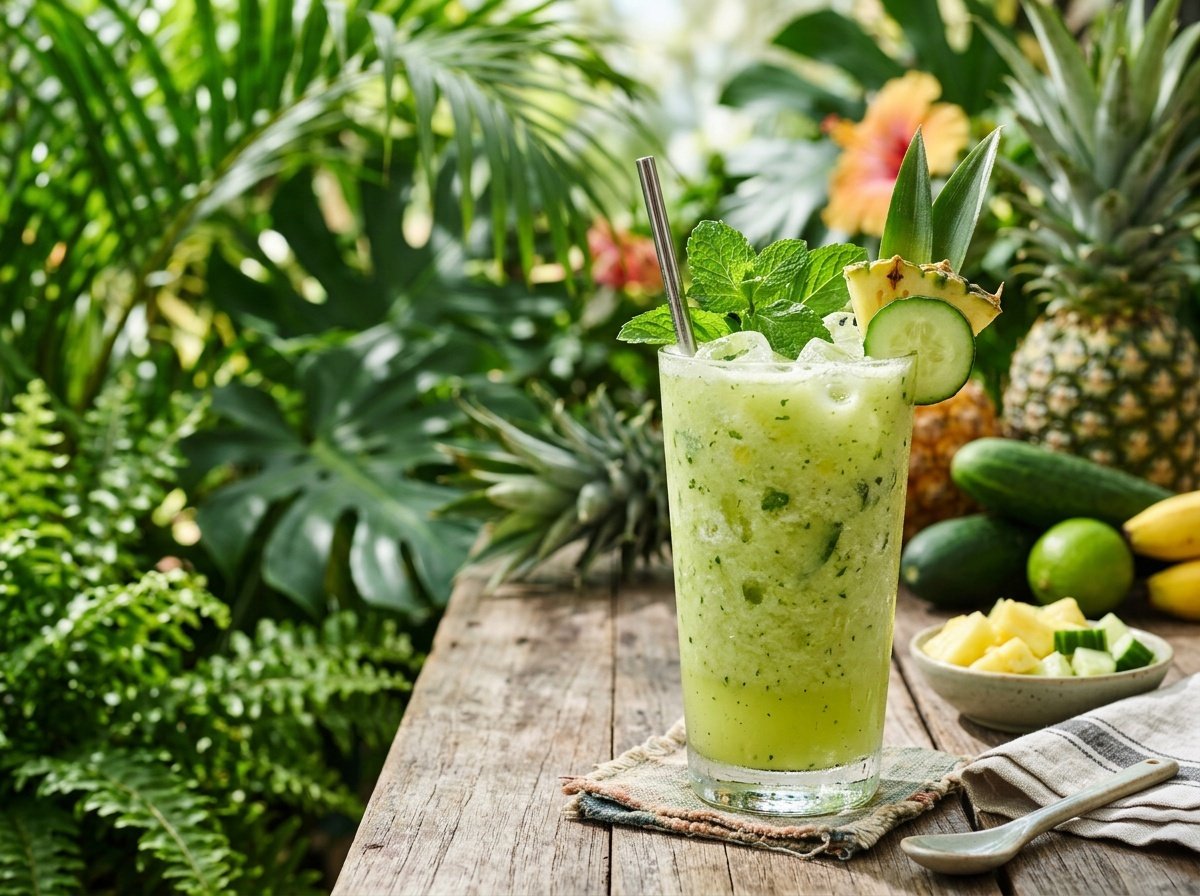 A tropical cucumber pineapple smoothie in a glass with mint leaves, set against a backdrop of green foliage.