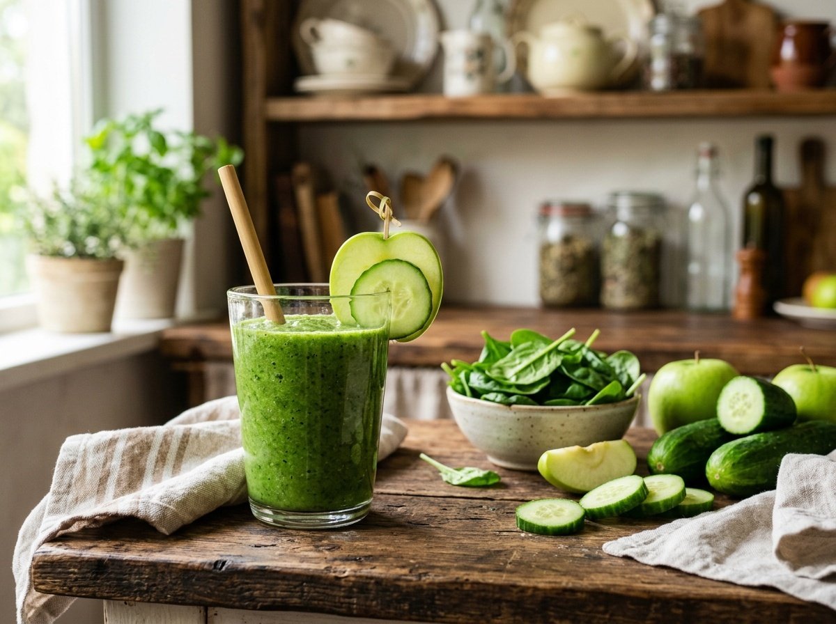 A refreshing cucumber apple detox smoothie in a glass, garnished with cucumber and apple slices, on a wooden surface with fresh ingredients.