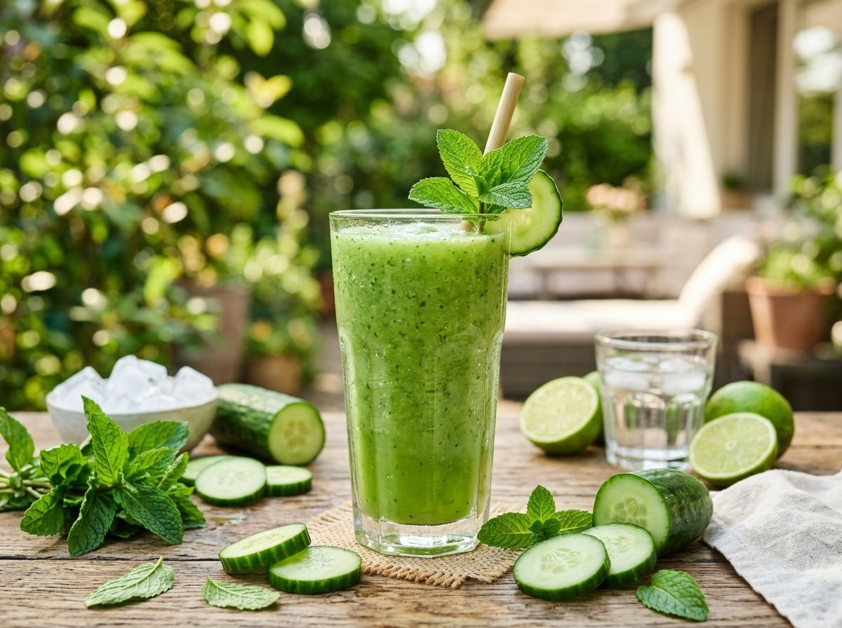 Refreshing Cucumber Mint Detox Smoothie Recipe Cooling cucumber mint detox smoothie in a glass, garnished with cucumber slice and mint on a bright background.