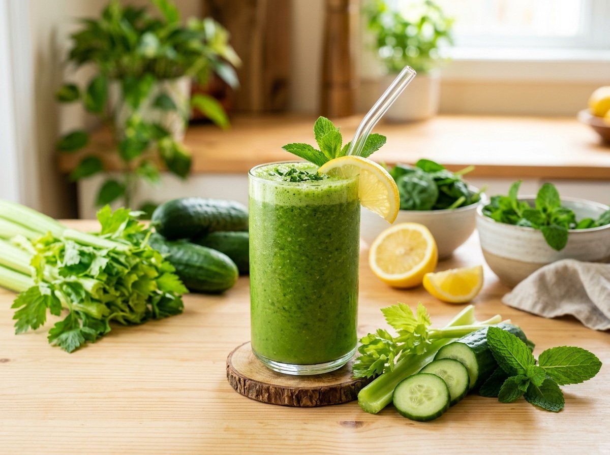 A refreshing green detox smoothie in a glass with cucumber and celery, served with lemon, surrounded by fresh ingredients.