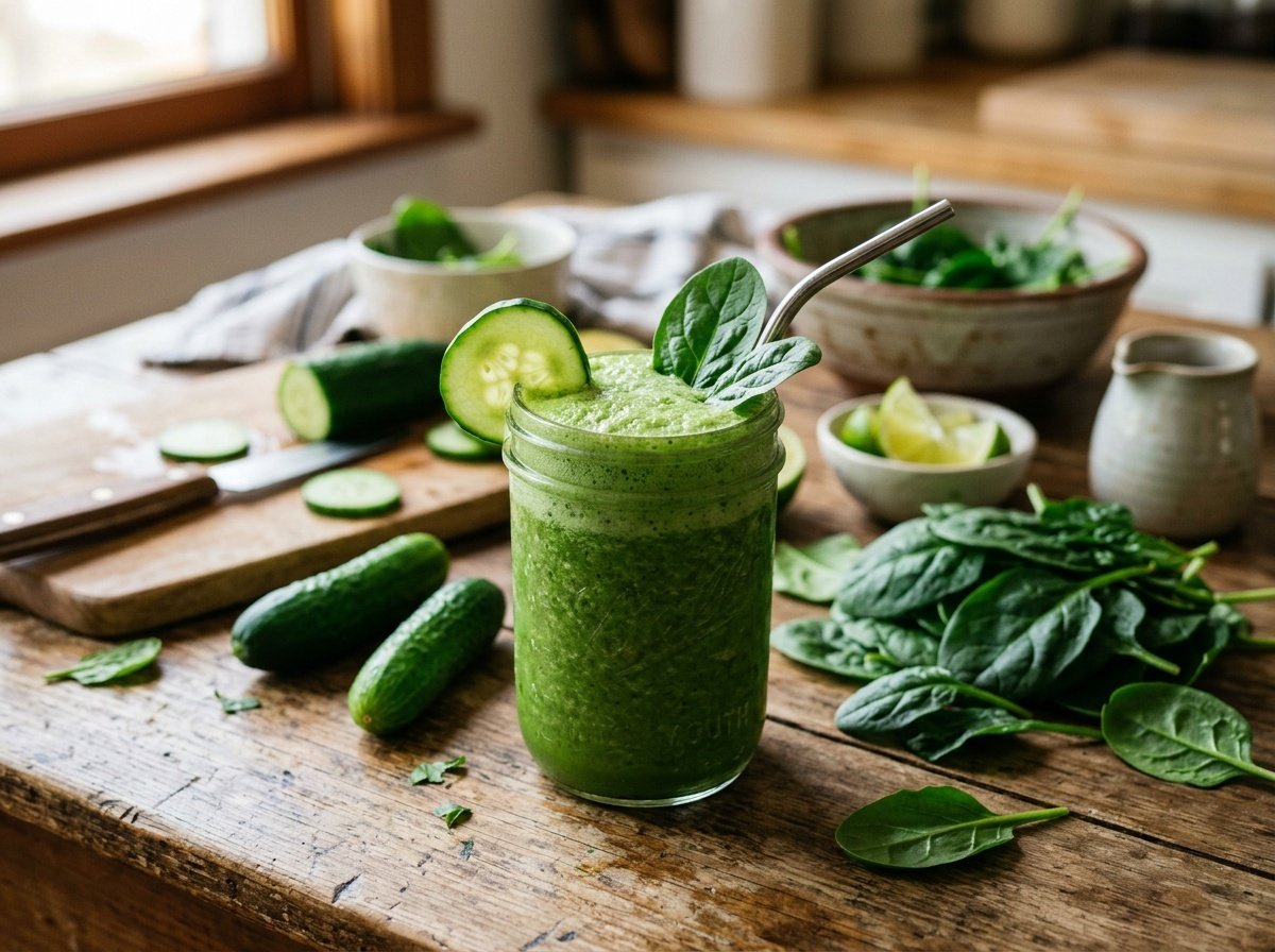 A refreshing cucumber spinach detox smoothie in a glass, garnished with cucumber and spinach, on a rustic table.