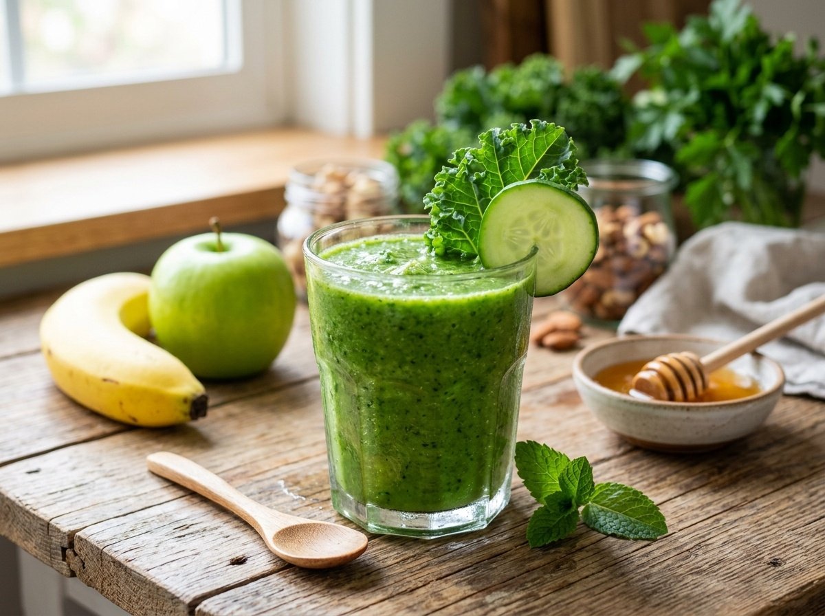 Delicious Cucumber Kale Detox Smoothie Recipe A refreshing cucumber kale detox smoothie in a glass, garnished with cucumber and kale, with fresh fruits on the side.