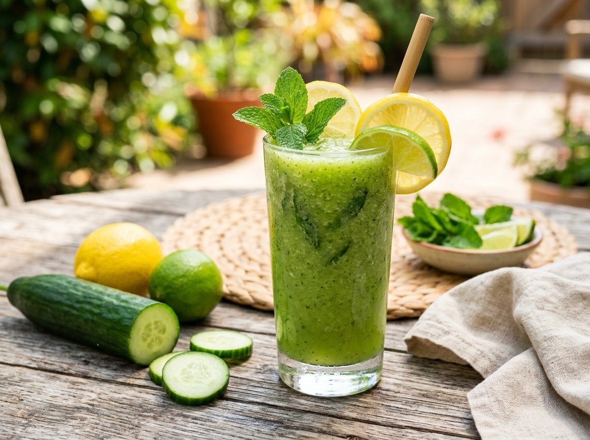 A tall glass of cucumber lemon lime detox smoothie garnished with mint and lemon, surrounded by fresh cucumbers and citrus fruits.
