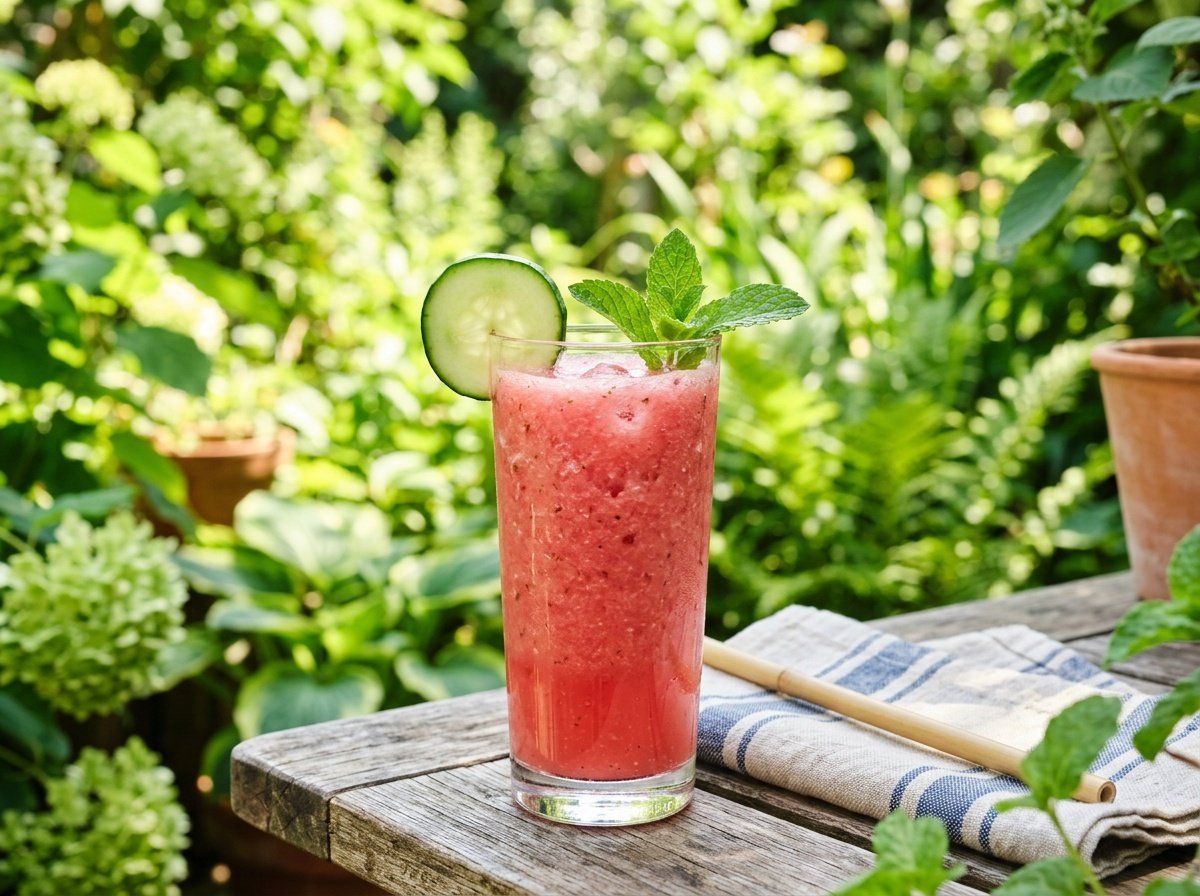 Cucumber watermelon detox smoothie in a tall glass with cucumber slice and mint, against a summer backdrop.