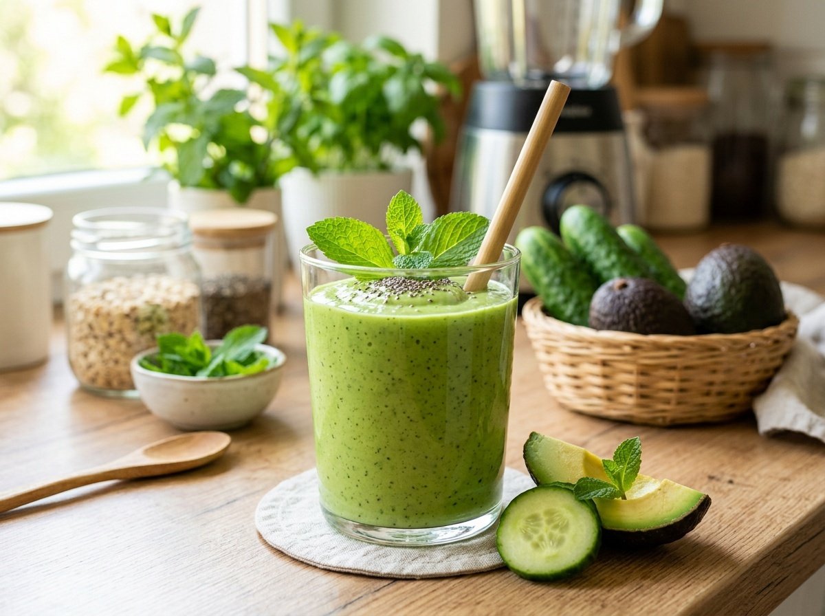 Silky Cucumber Avocado Detox Smoothie Recipe A clear glass filled with green cucumber avocado detox smoothie, garnished with mint, next to whole cucumbers and avocados.
