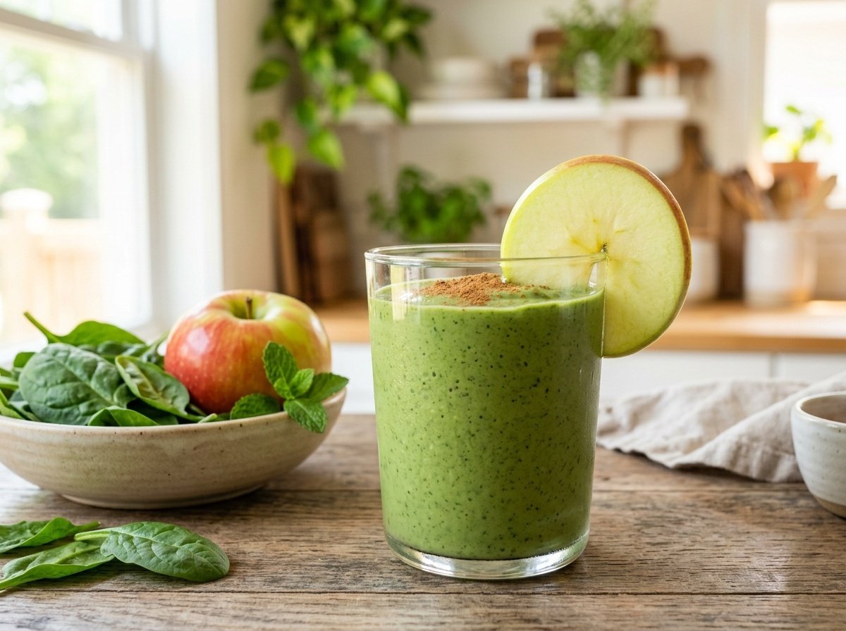 A green spinach apple smoothie in a glass with a slice of apple and sprinkled cinnamon against a colorful backdrop.