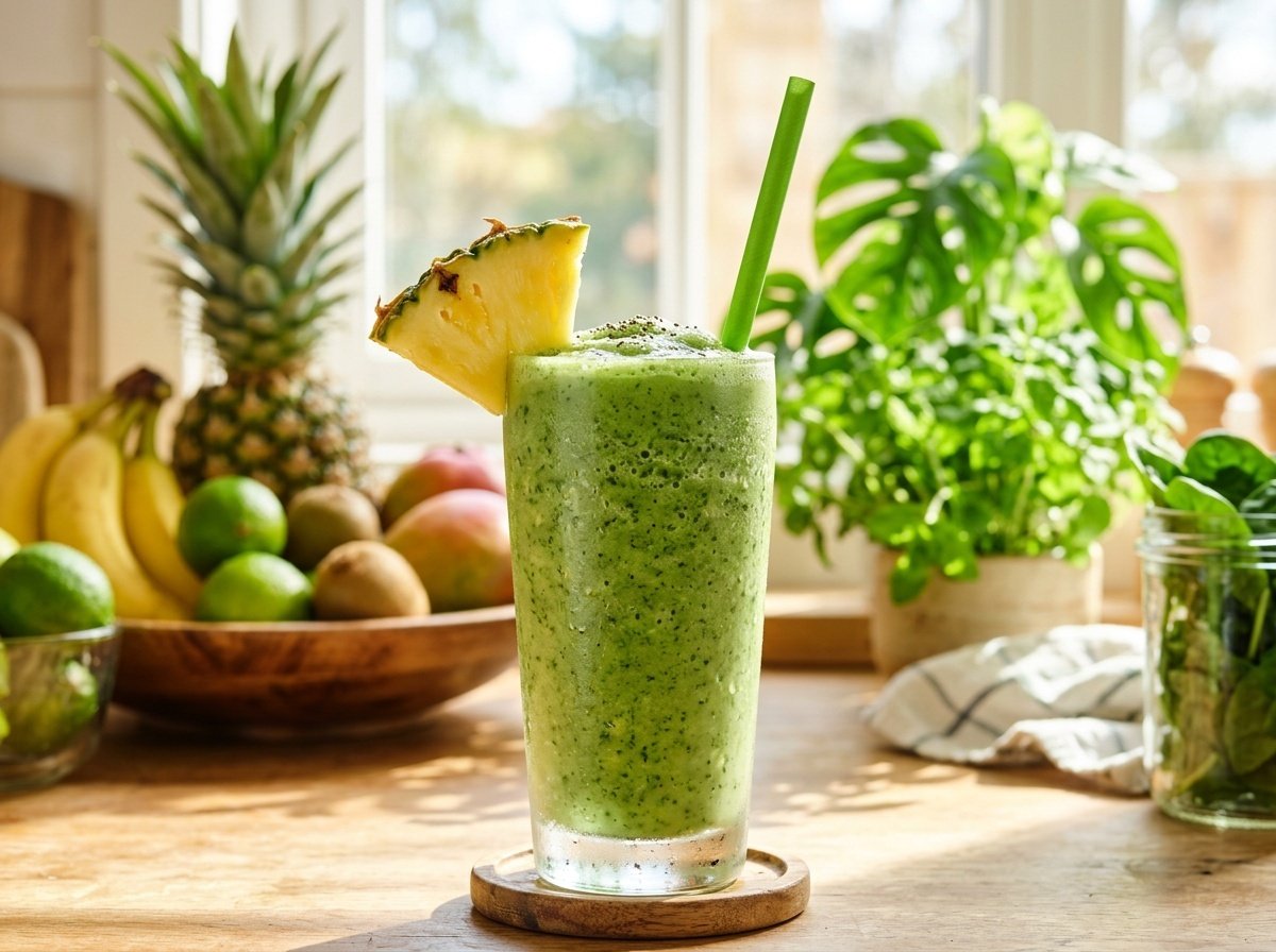 Refreshing Spinach Pineapple Detox Smoothie Recipe A refreshing glass of spinach pineapple detox smoothie garnished with a pineapple slice and green straw, in a bright kitchen.