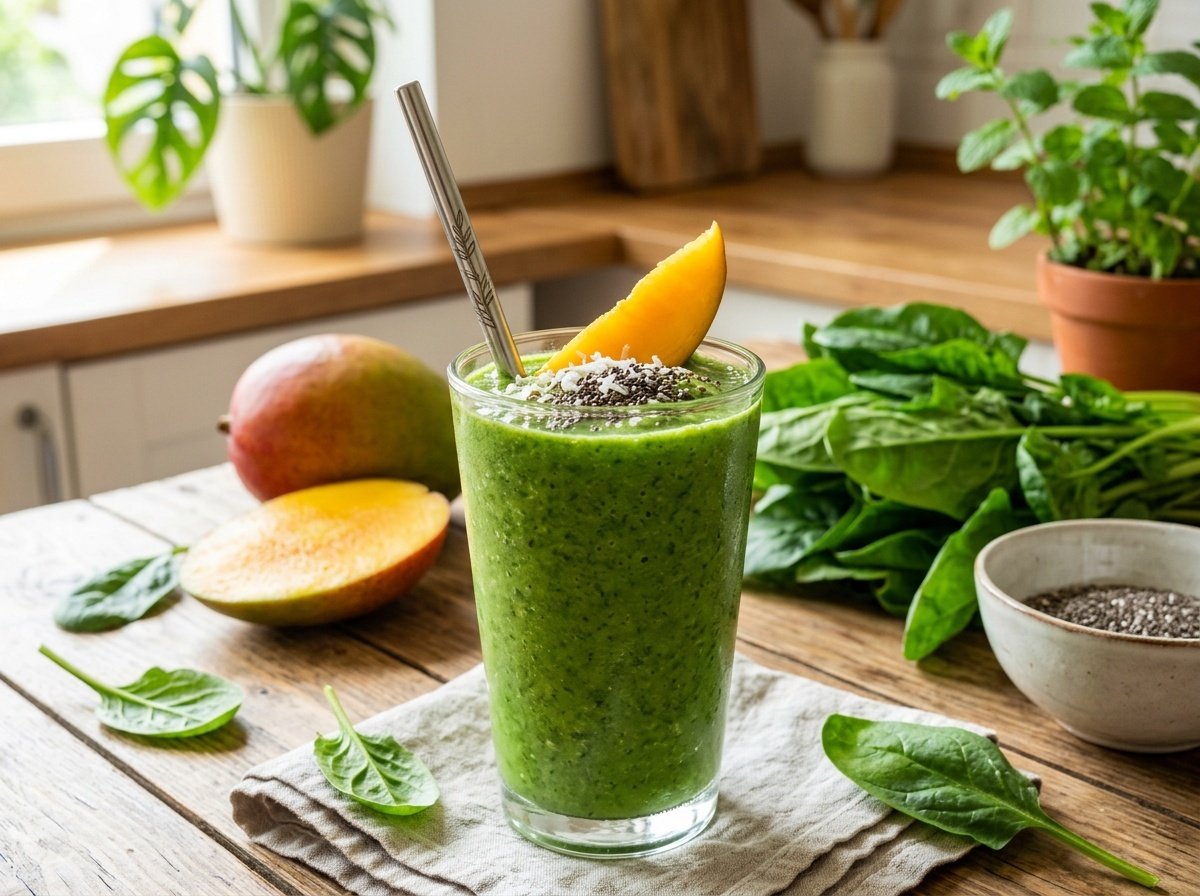 A refreshing spinach mango detox smoothie in a glass, garnished with mango slice, on a wooden table with fresh mangoes and spinach.