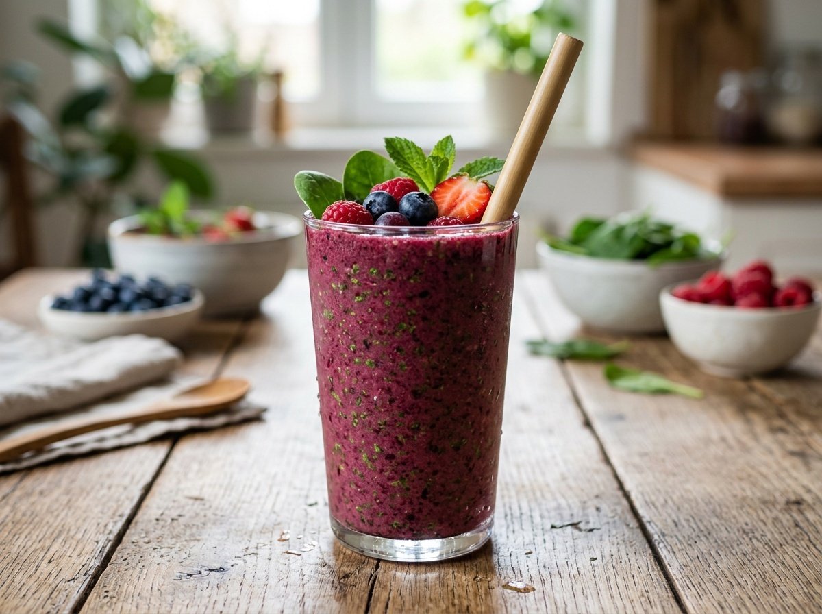 Berry Spinach Detox Smoothie Recipe A colorful Berry Spinach Detox Smoothie with berries and spinach, garnished with fresh berries on a wooden table.