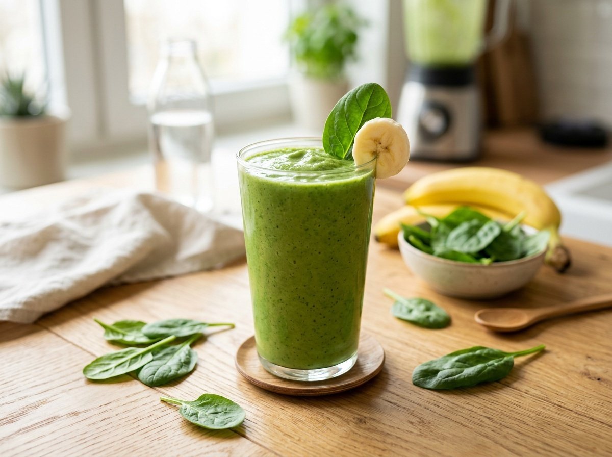 Creamy spinach banana detox smoothie in a clear glass, garnished with banana slice and spinach leaf.