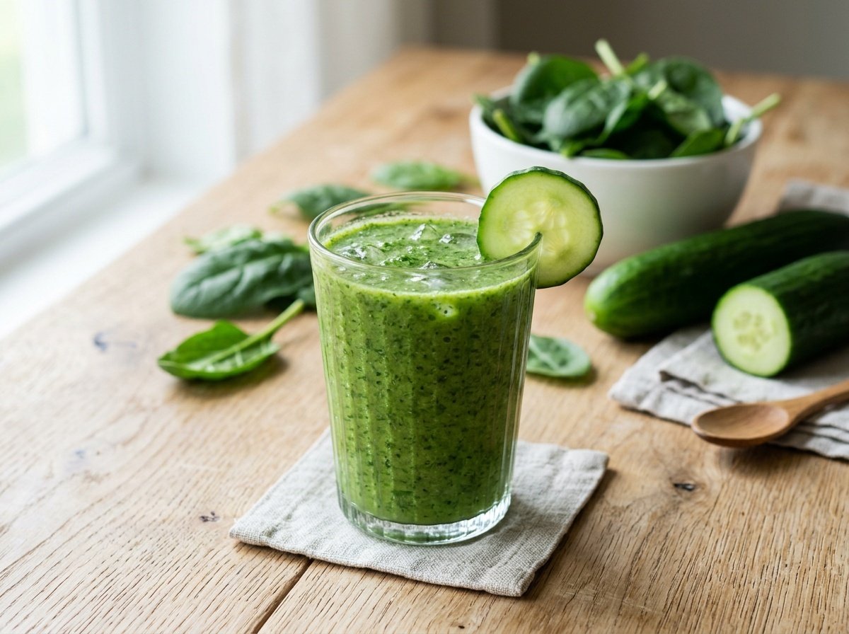 A refreshing green smoothie made with spinach and cucumber, displayed in a glass with cucumber garnish, on a wooden table.
