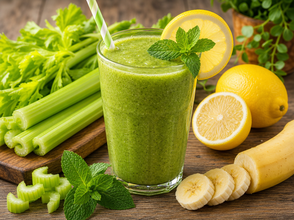 Bright Celery Lemon Detox Smoothie Recipe Bright green celery lemon detox smoothie in a glass with mint garnish and lemons on a rustic table.