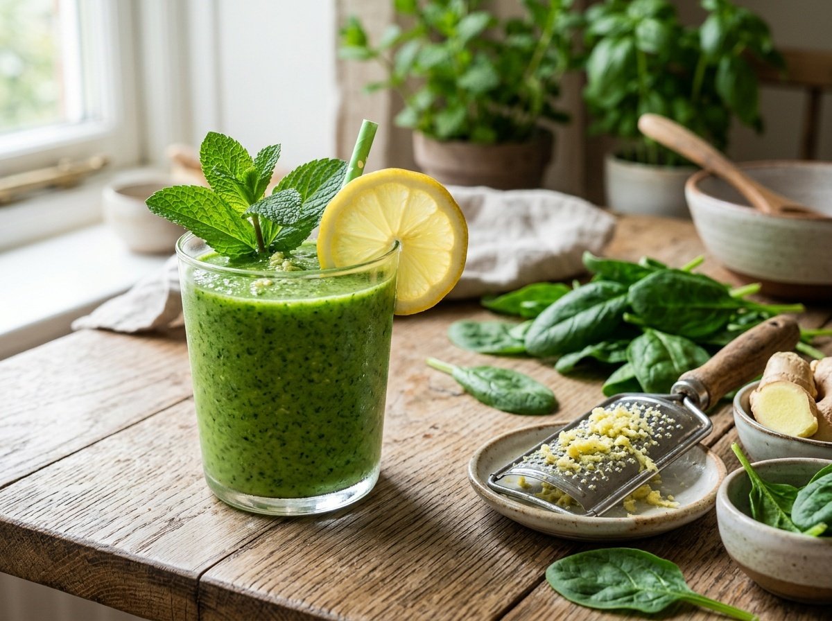 A green spinach ginger detox smoothie in a glass, garnished with lemon and mint, on a rustic table.