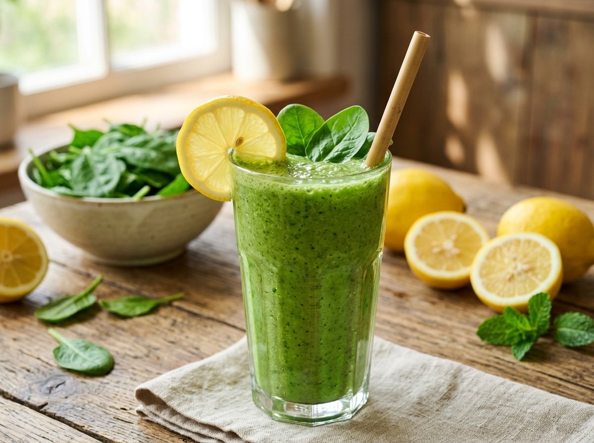 Fresh Spinach Lemon Detox Smoothie Recipe A refreshing spinach lemon detox smoothie in a glass with lemon slice and spinach garnish on a wooden table.