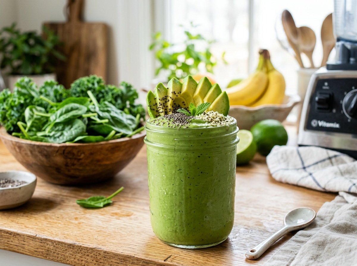 Creamy Spinach Avocado Detox Smoothie Recipe Creamy green spinach avocado smoothie in a glass topped with avocado slices and chia seeds, against a backdrop of fresh spinach and bananas.