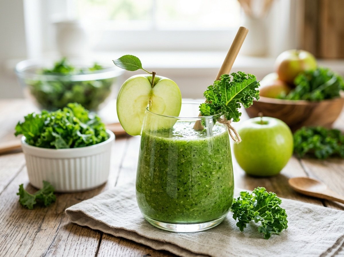Crisp Kale Apple Detox Smoothie Recipe A refreshing kale apple detox smoothie in a glass, garnished with apple slice and kale, on a light background.