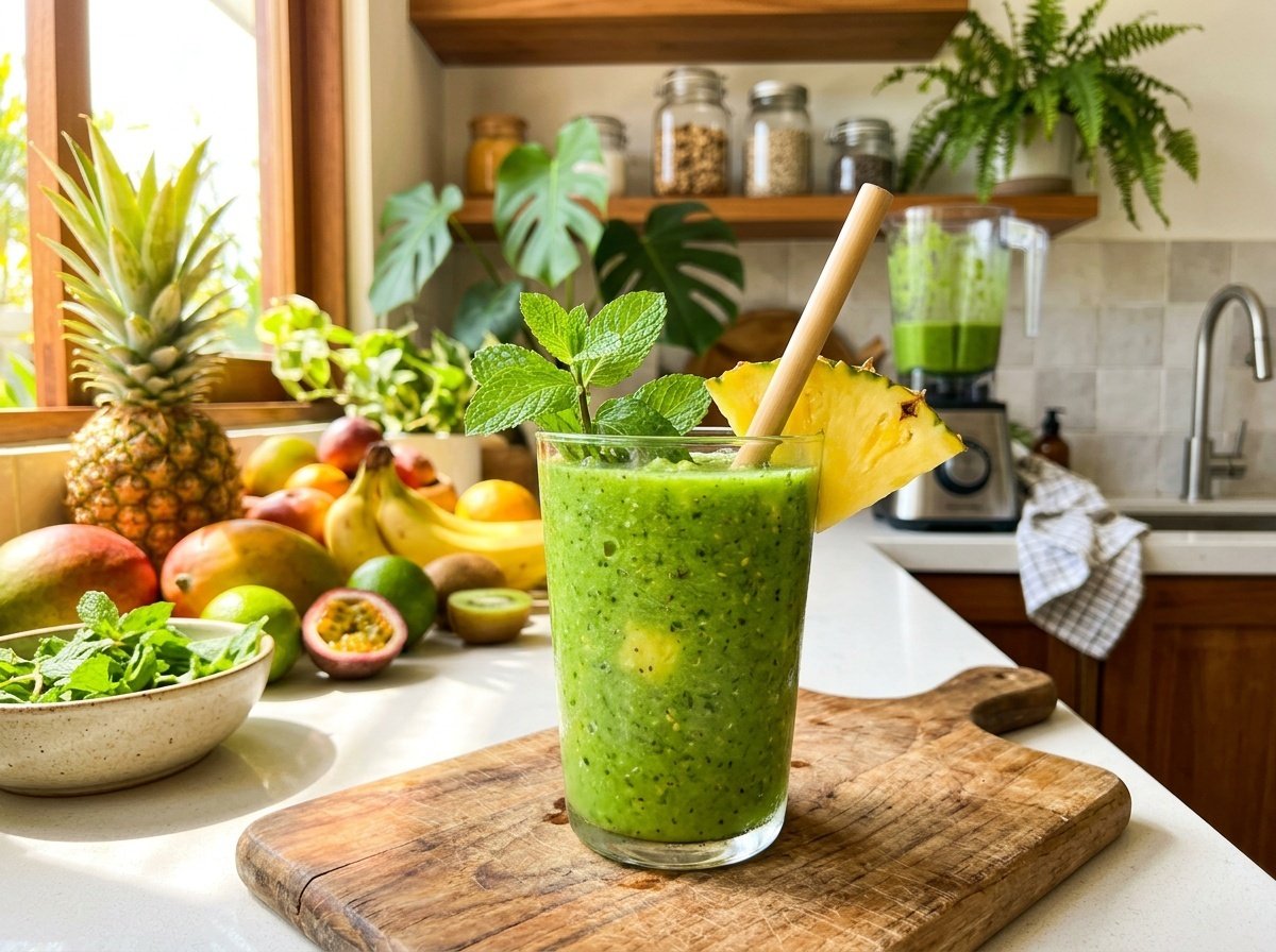 A refreshing tropical kale pineapple smoothie garnished with pineapple slice and mint on a bright kitchen counter.