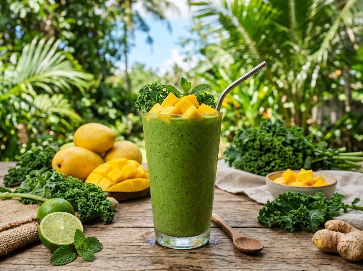 Creamy Kale Mango Detox Smoothie Recipe A green kale mango detox smoothie in a glass topped with mango chunks and kale, surrounded by fresh mangoes and kale.