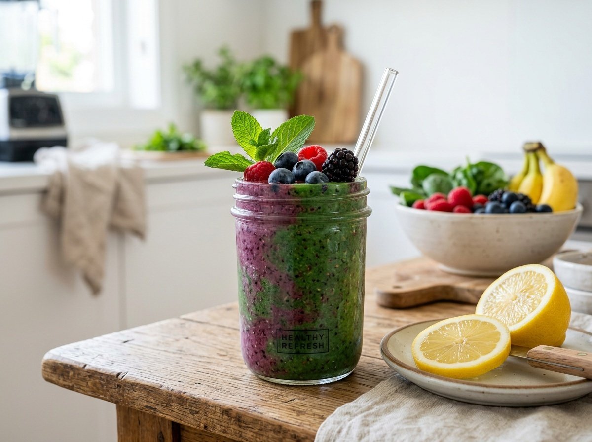 A refreshing kale berry detox smoothie filled with mixed berries, topped with fresh fruit, on a wooden table.