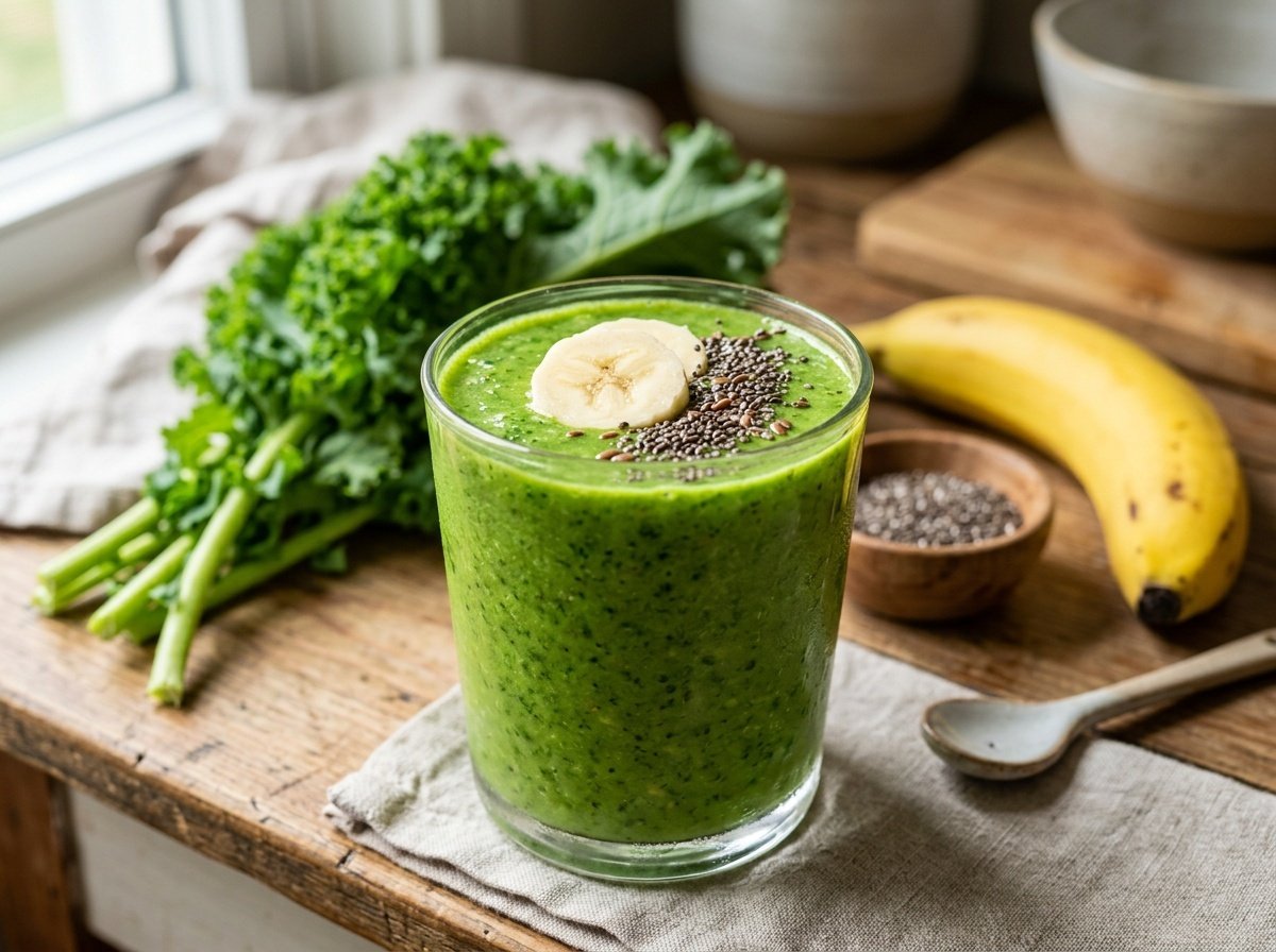 Bright green kale banana smoothie in a glass with banana slice and chia seeds, surrounded by fresh kale and a banana.