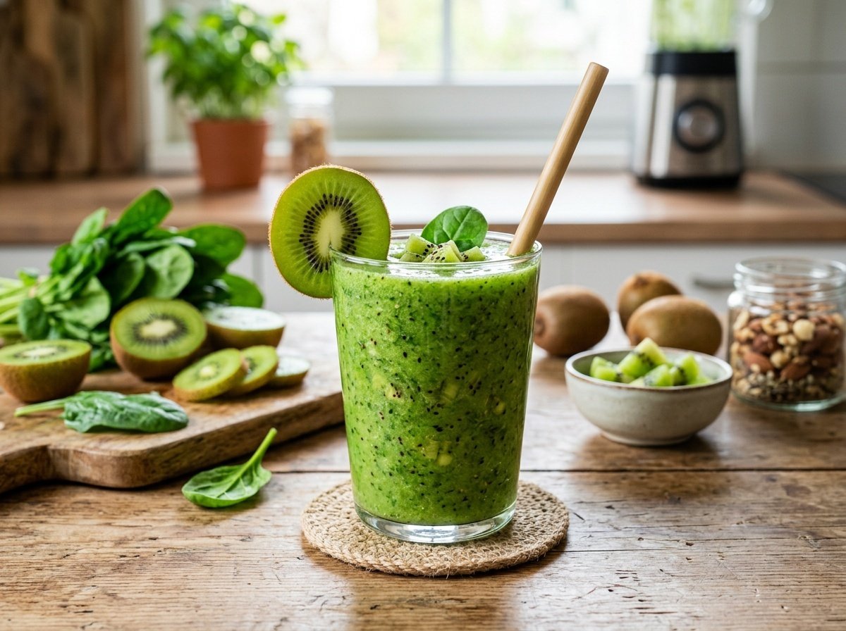 Refreshing Spinach Kiwi Detox Smoothie Recipe A refreshing green spinach kiwi smoothie in a glass with kiwi slice garnish, surrounded by fresh ingredients.