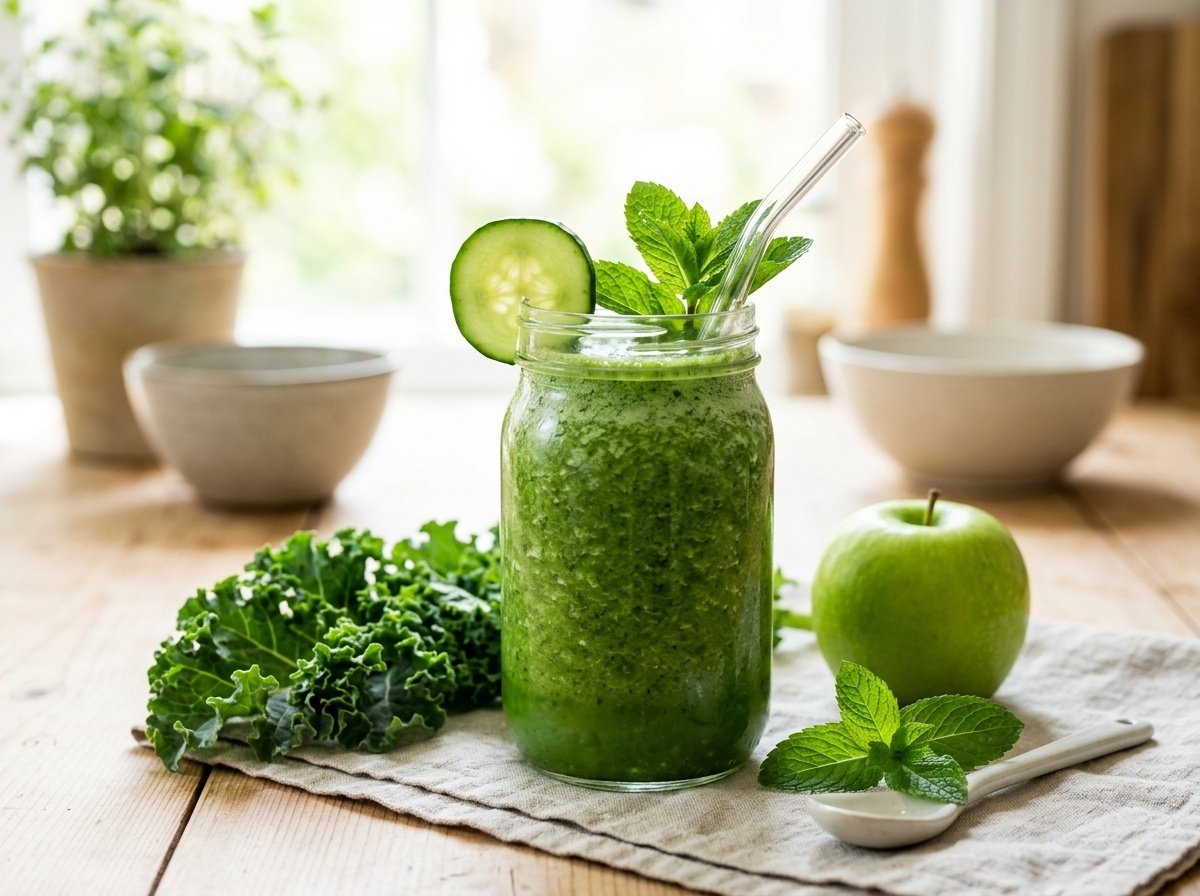 Refreshing Kale Cucumber Detox Smoothie Recipe Refreshing kale cucumber smoothie in a glass, garnished with cucumber, on a bright background.