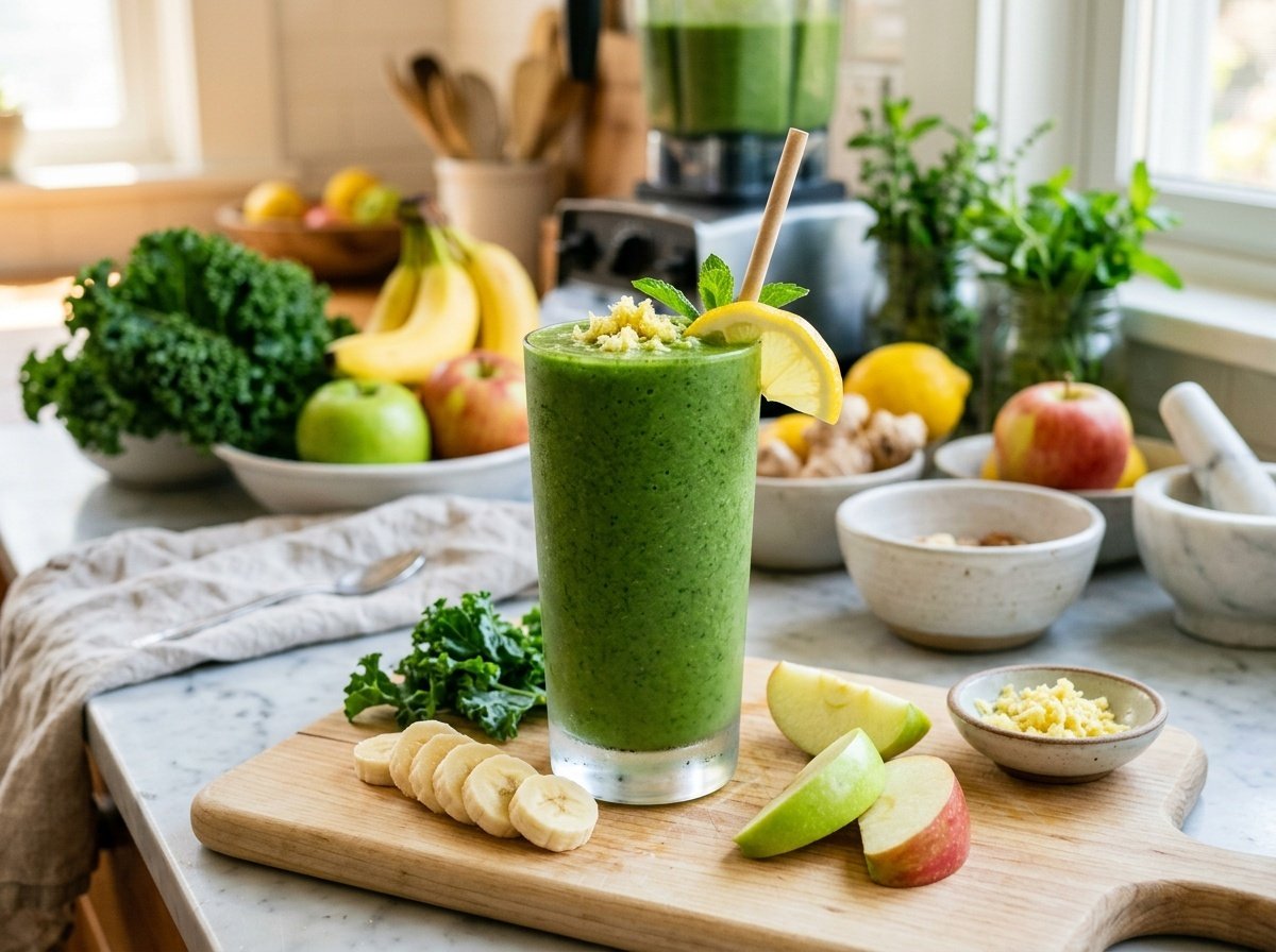 Zesty Kale Ginger Detox Smoothie Recipe A green kale ginger detox smoothie in a glass, garnished with banana and lemon, surrounded by fresh fruits.