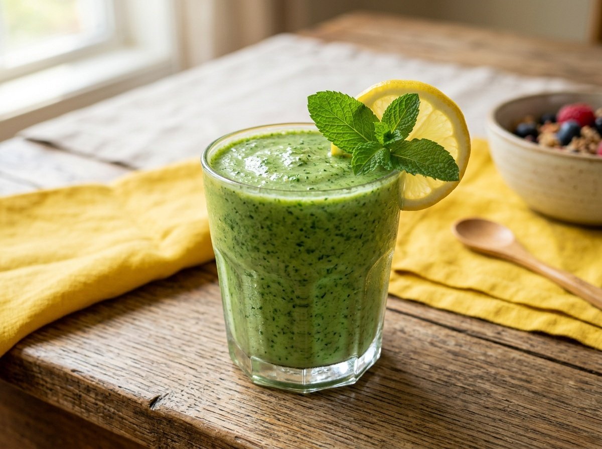Green kale lemon smoothie in a glass with a lemon slice and mint garnish on a wooden table.