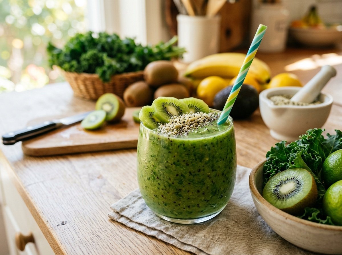 A refreshing green kale kiwi smoothie in a clear glass garnished with kiwi slices and hemp seeds.