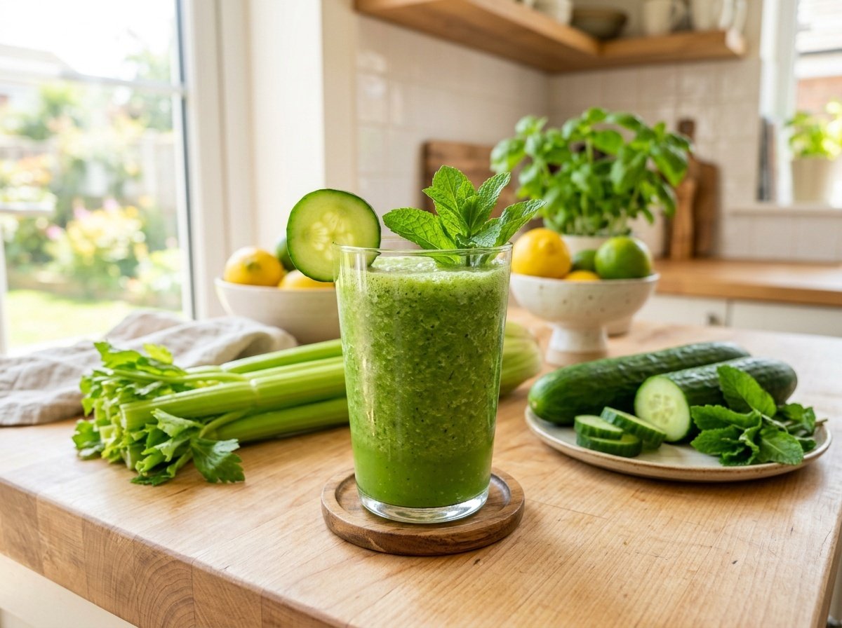 A glass of cooling celery cucumber detox smoothie garnished with cucumber and mint on a sunny kitchen counter.