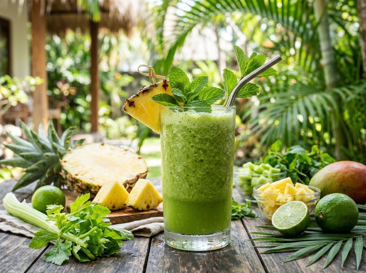 Refreshing Tropical Celery Pineapple Detox Smoothie A tall glass of green celery pineapple smoothie, garnished with pineapple slice and mint, showcasing a tropical vibe.