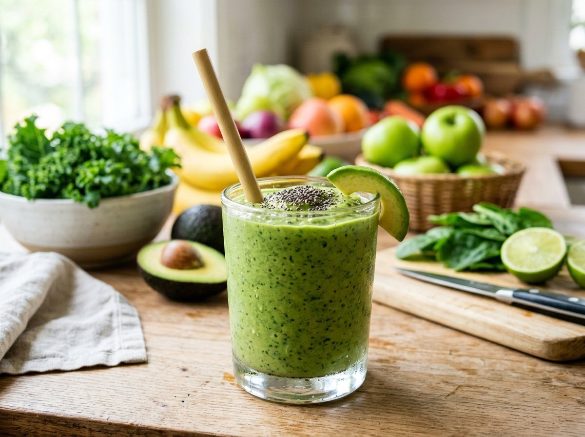 Creamy green kale avocado smoothie in a glass, garnished with chia seeds and avocado slice, on a light kitchen surface.