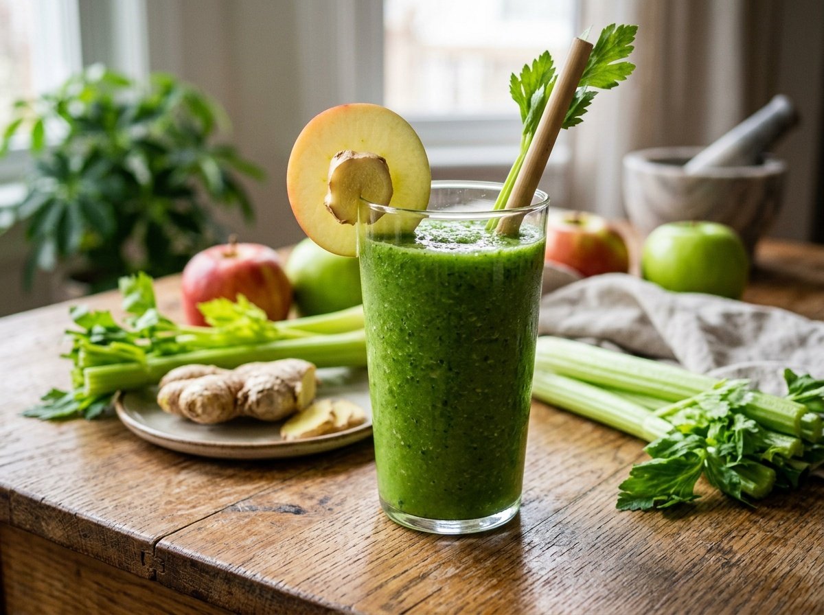 A refreshing green celery ginger detox smoothie in a glass with apple and ginger garnish.