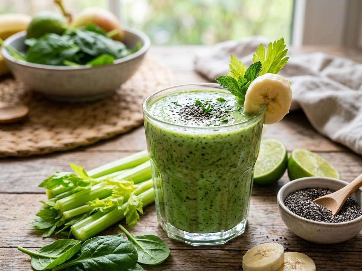 A creamy celery spinach detox smoothie in a glass with banana and chia seeds, surrounded by fresh ingredients.