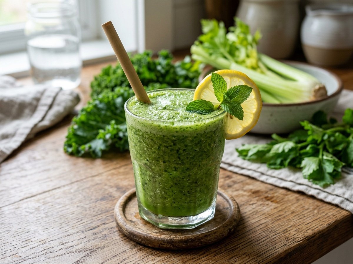 A refreshing green detox smoothie in a glass with celery and kale garnish.