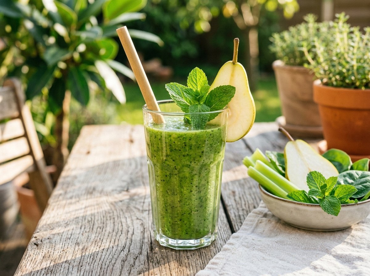 Refreshing celery and pear detox smoothie in a glass with mint, surrounded by fresh ingredients.