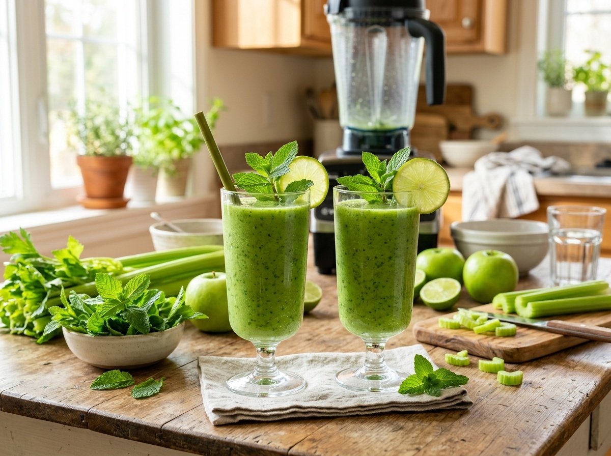 Refreshing Celery Mint Detox Smoothie Refreshing green smoothie in glasses with mint leaves, celery, and green apples in a bright kitchen.