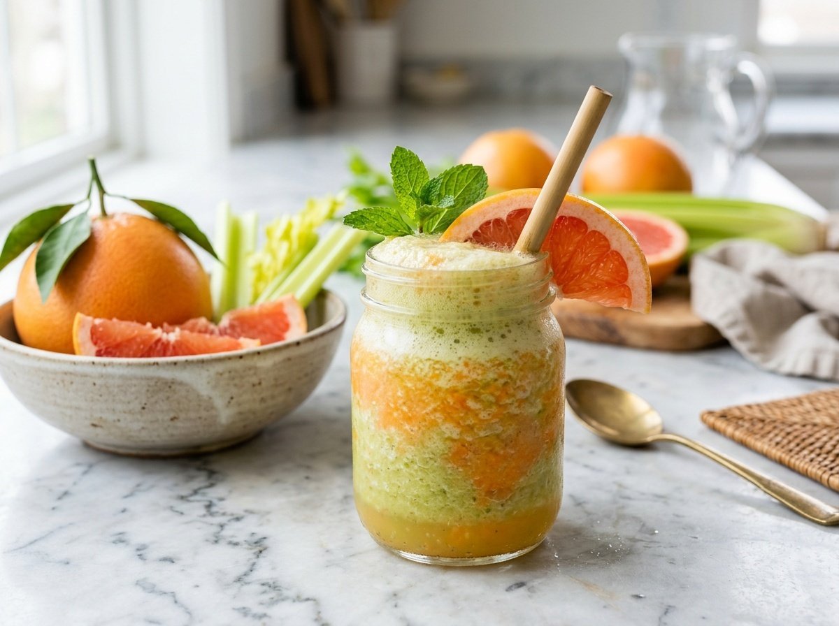 Tangy Celery Grapefruit Detox Smoothie Recipe A refreshing celery grapefruit detox smoothie in a clear glass, garnished with grapefruit and mint, on a marble table.
