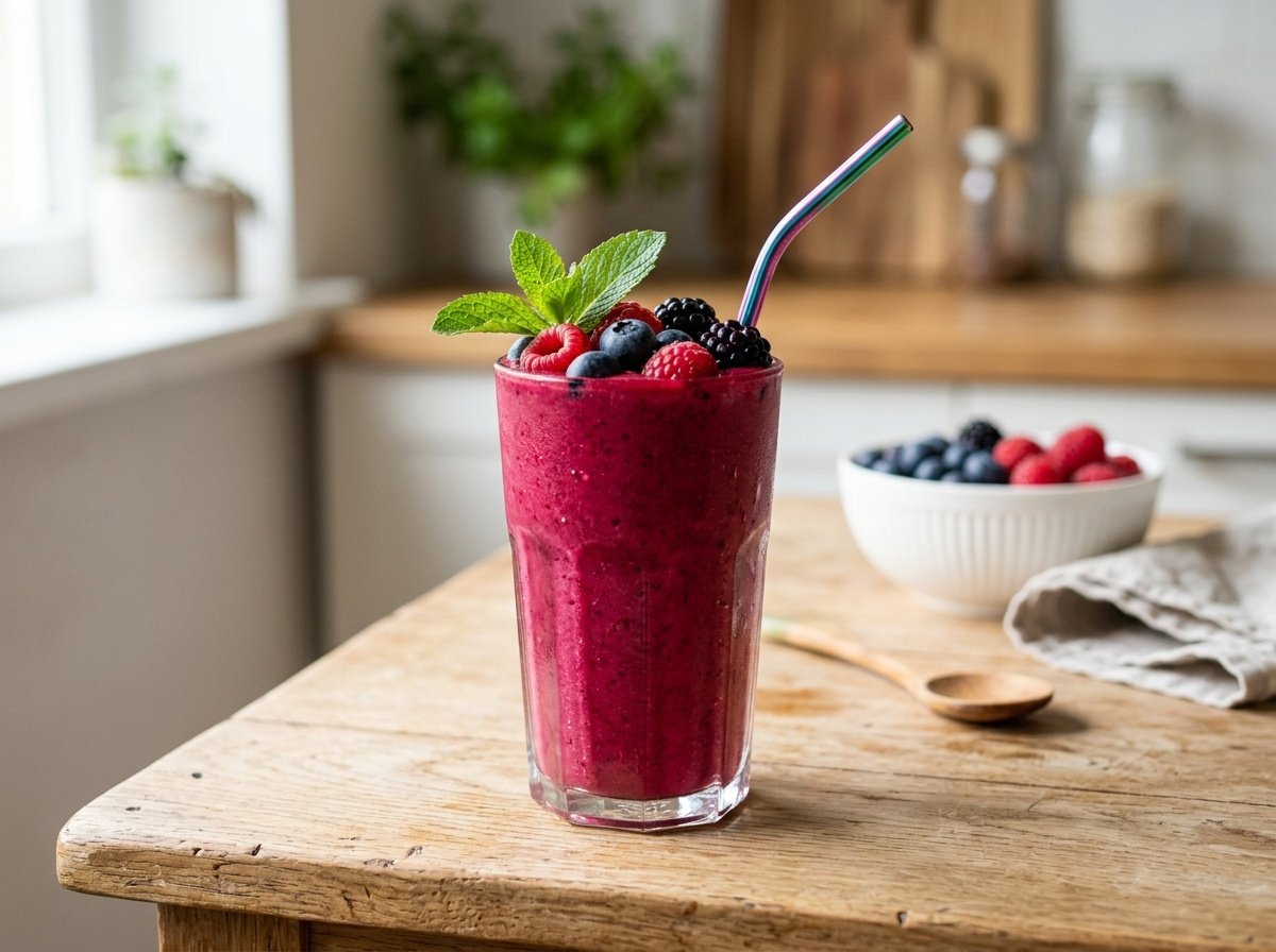 A tall glass of beet berry detox smoothie topped with fresh berries on a wooden background.