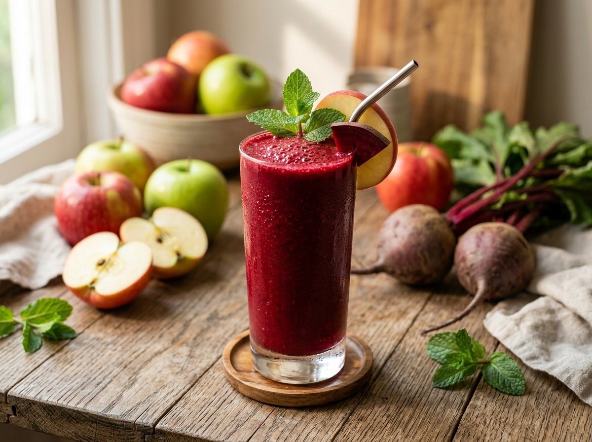 A tall glass of beet and apple detox smoothie with fresh mint, surrounded by apples and beets on a wooden table.