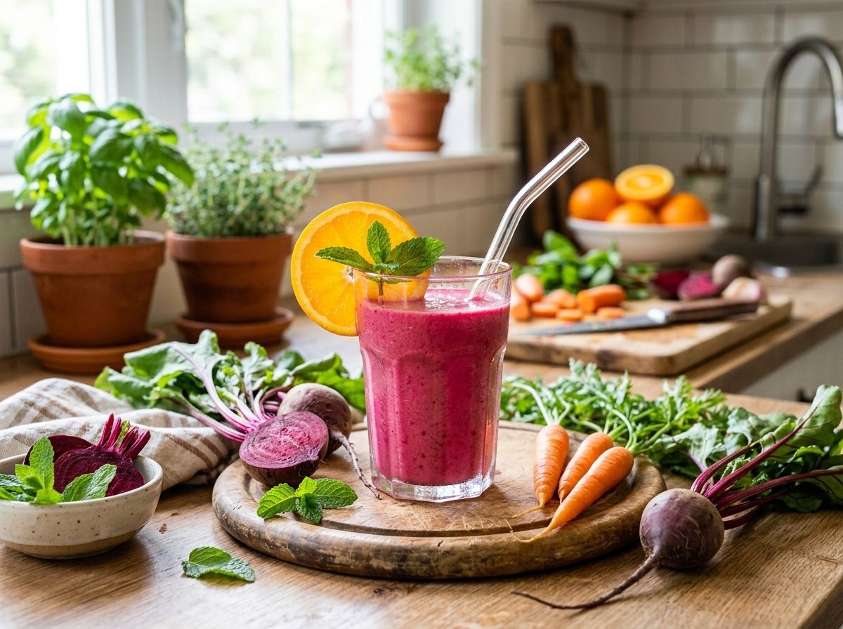 Bright pink beet and carrot detox smoothie in a glass with orange slice and mint, surrounded by beets and carrots.