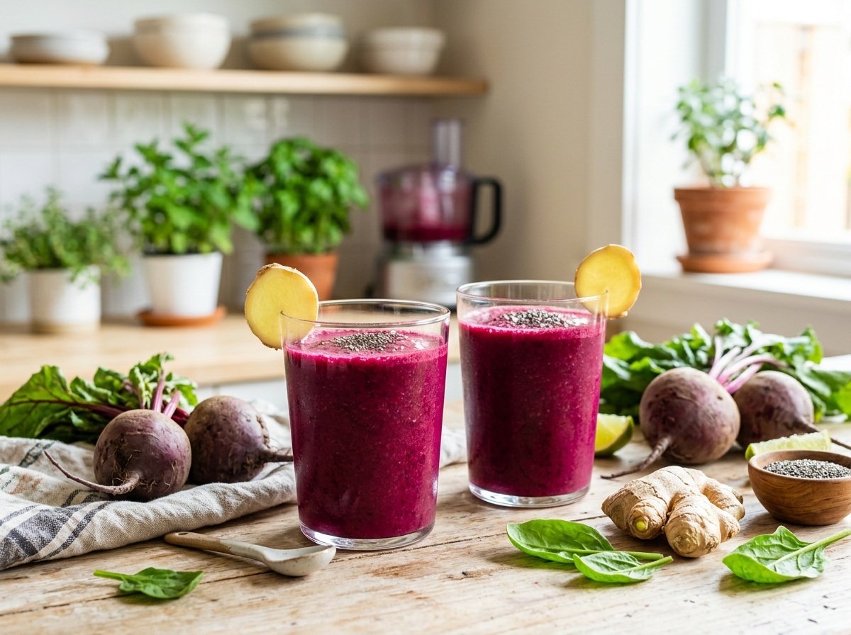 Bright purple beet ginger smoothie in glasses, garnished with ginger, surrounded by fresh beets and greens.