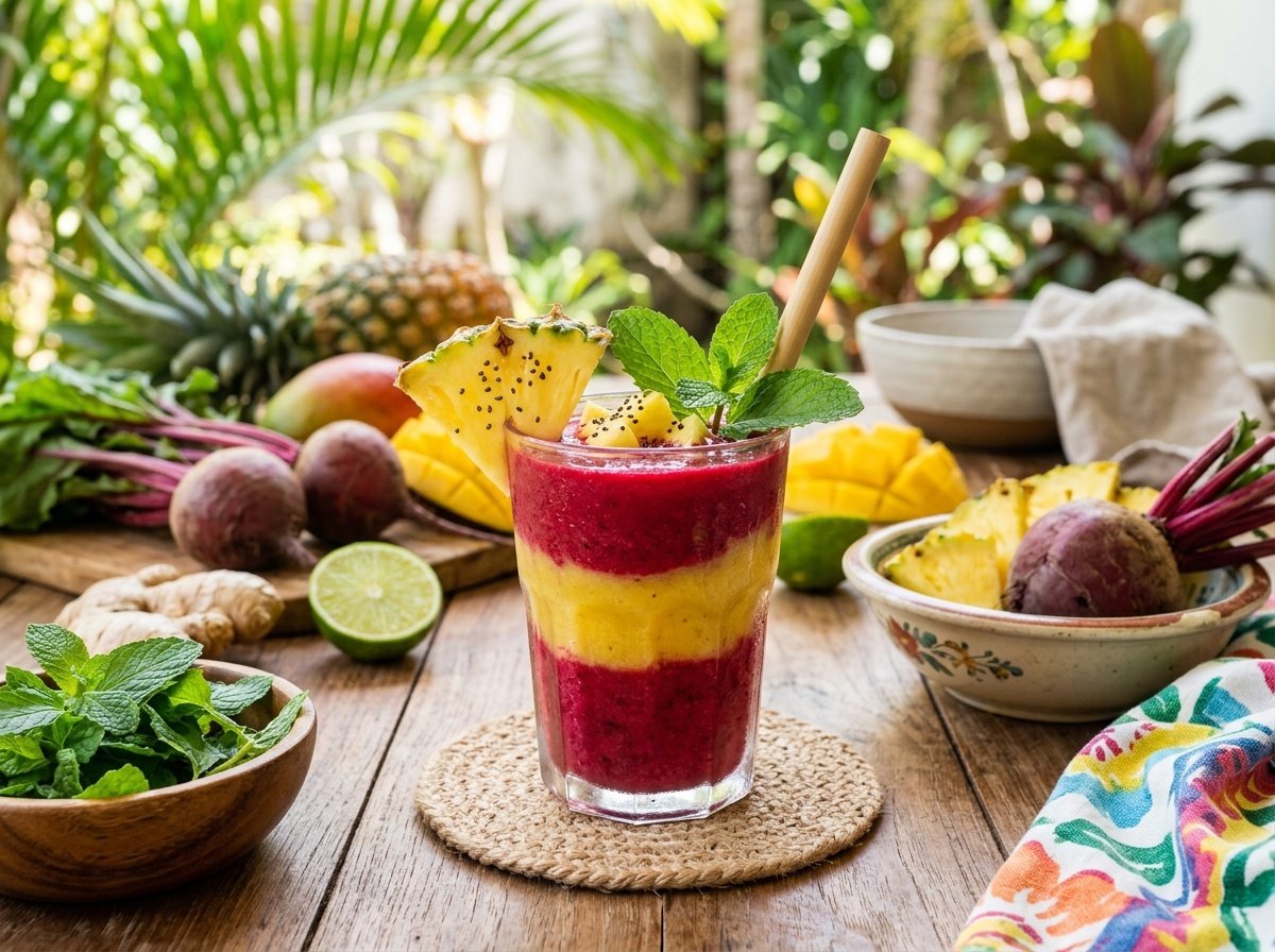 A clear glass filled with a colorful Tropical Beet Pineapple Detox Smoothie, garnished with pineapple and mint.