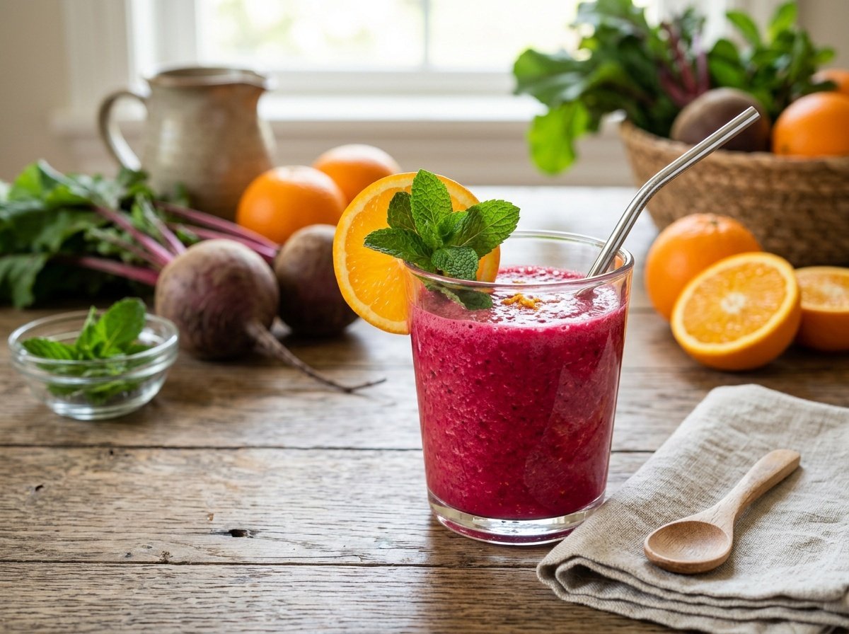 A colorful beet orange smoothie garnished with orange slice and mint, with beets and oranges in the background.